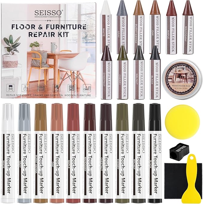 SEISSO Wood Furniture Repair Kit, New Improved 10 Colors Touch Up Markers and Crayons with Polish Wax, Covering Damaged Wooden Surfaces and Floors, Scratches, Stains, Cracks and Dents(25 PCs)