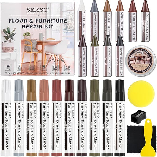 SEISSO Wood Furniture Repair Kit, New Improved 10 Colors Touch Up Markers and Crayons with Polish Wax, Covering Damaged Wooden Surfaces and Floors, Scratches, Stains, Cracks and Dents(25 PCs)