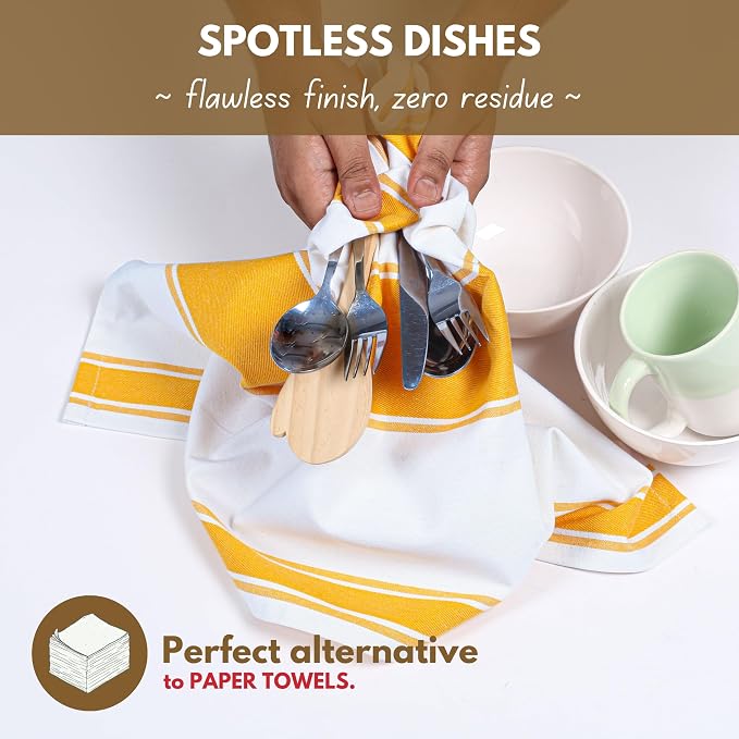 Native Fab Yellow Striped Dish Towels 18"x28", 12 Pack, Wide Stripe, Highly Absorbent, Fast Dry, 100% Cotton Hand Towels for Drying Dishes, Glassware, Dishcloth Set, Kitchen Cleaning Towel - Yellow