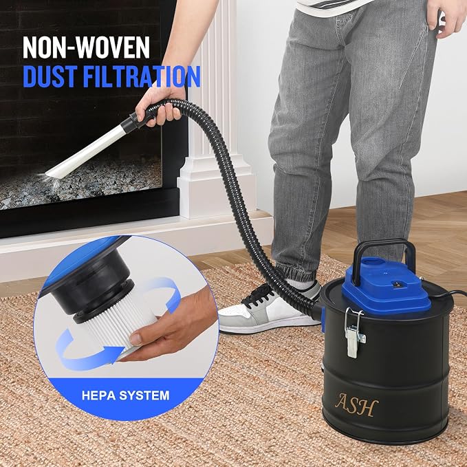 Ash Vacuum Cleaner -2.6 Gallon Fireplace Ash Vac with 800w Powerful Hose Non-Woven Dust Separator | Dry Stove Vacuum for Fireplaces Pellet Grill Wood Stove Fire Pits Blue