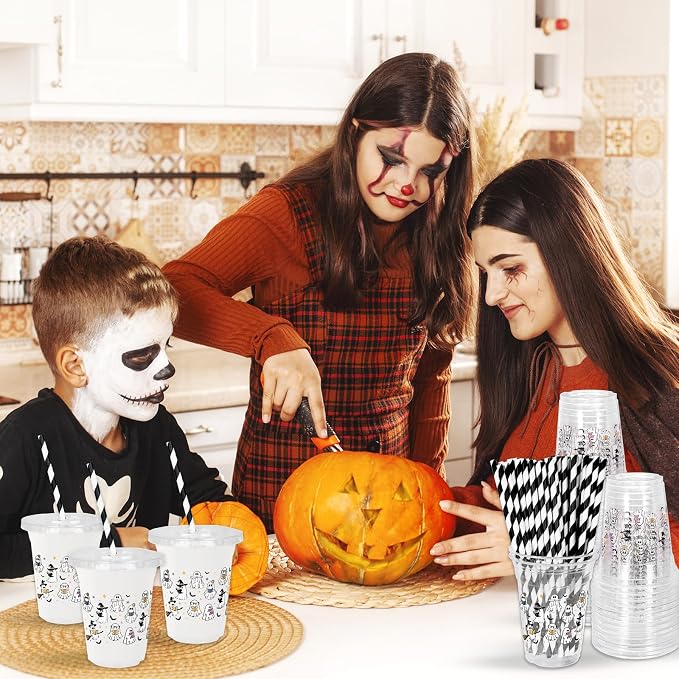 Whaline 50 Pcs Halloween Disposable Plastic Cups with Lids and Straws Spooky Reading Book Ghost Theme Cold Beverage Drinking Cups for Trick or Treat Birthday Party Supplies
