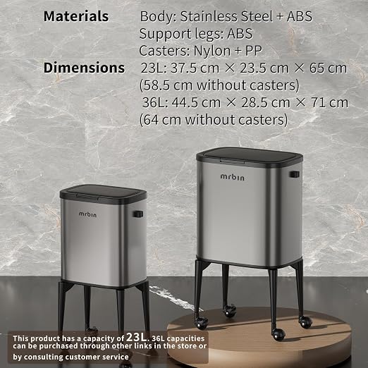 MRBIN Metal Kitchen Trash Can with Wheel Legs, 23L / 6.1gal Medium Press Lid Slim Removable Waste Basket, Pet Proof Tall Narrow Garbage Pail for Vanity, Bedroom, Bathroom, Living Room, Eclipse Grey