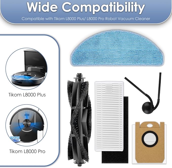(25 Pack) L8000 Plus Replacement Parts Compatible with Tikom L8000 Plus Robot Vacuum Cleaner, 2 Roller Brushes, 8 Side Brushes, 5 HEPA Filters, 5 Dust Bags, 5 Mop Pads, Accessories Kit