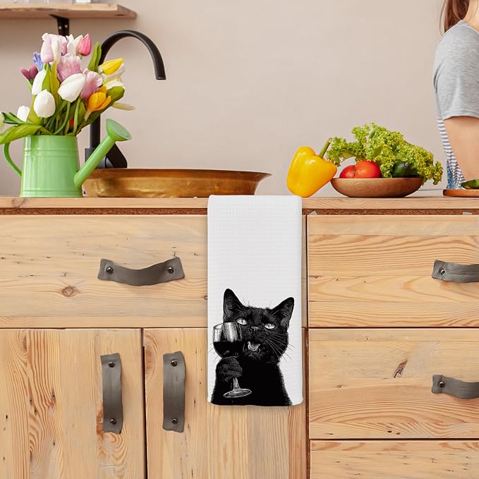 Funny Black Cat Wine Kitchen Towels, Gifts for Dog Wine Lovers, Bar Accessories Dish Tea Towels for Kitchen, Dog Owners Housewarming Gift Decorative Hand Towel 16x24 Inch