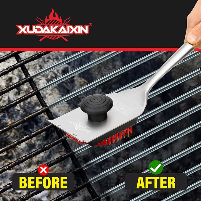 XUDAKAIXIN Nylon Grill Brush, Dual Grip Design, with Extended Luxurious Acacia Wood Handle, Safe Nylon Bristles Barbecue Outdoor Grill Brush for Cooled Grates(Red)