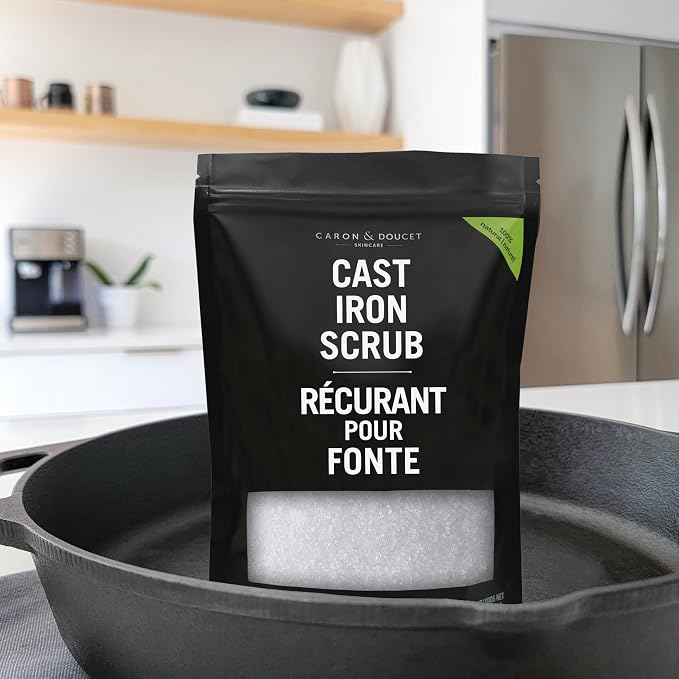 CARON & DOUCET - Cast Iron Care Seasoning Bundle - CastIron Oil & Cast Iron Scrub - 100% Plant Based Formulation - Helps Maintain Seasoning on All Cookware (8 fl oz & 1 lb)