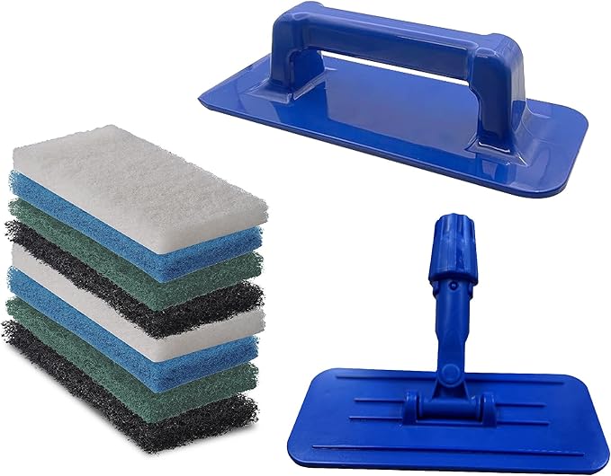 Scrub Doctor 8-Pack of 10 x 4.5 x 1 in. Assorted Large Scrub Pads with Pole Adapter and Handheld Scrub Pad Holder, Set of Light to Strongly Abrasive Scrubbing Pads for Various Purposes