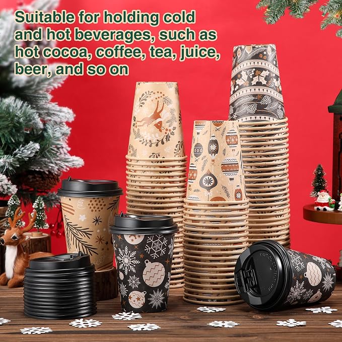 FoldTier 100 Pcs 12 oz Christmas Paper Cups with Lids Xmas Disposable Coffee Cups Holiday Kraft Paper Drinking Xmas Party Drinkware Supplies for Holiday Cocoa Beverage Cold Hot Drinks (Classic 4)