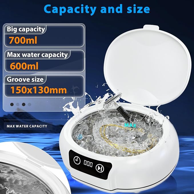 Ultrasonic Retainer Cleaner Machine,48 kHz Ultrasonic Cleaner,700ML Portable Ultrasonic Cleaner for Braces, Mouth Guards, Aligner, Toothbrush, Glasses, Jewelry(White)