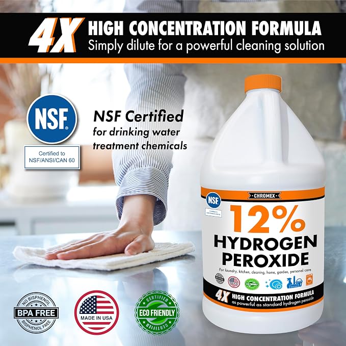Chromex Hydrogen Peroxide 12 Percent Food Grade, 4X Power Concentrated Solution, Dilutes to 4 Gallons, Versatile Uses Include Topical Care, Home, Kitchen, Bath Cleaner, NSF Certified, 1 Gallon
