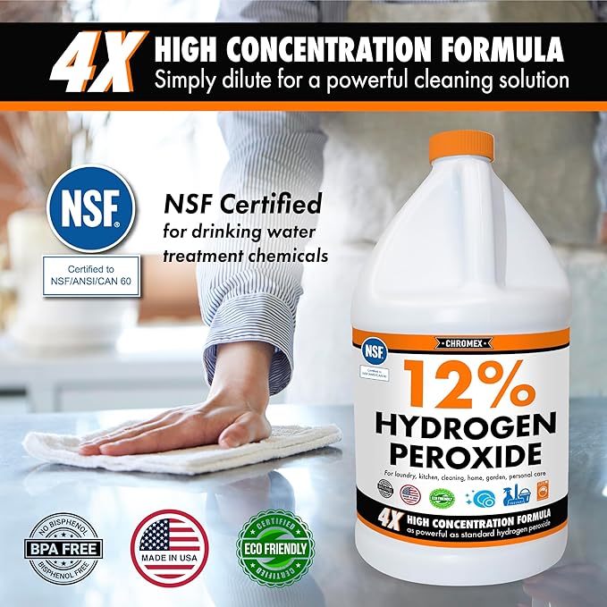 Chromex Hydrogen Peroxide 12 Percent Food Grade, 4x Power Concentrated Solution, 4 Gallons Dilute to 16 Gallons, Versatile Uses include Topical Care, Home, Kitchen, Bath Cleaner, NSF Certified