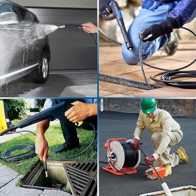 150FT Sewer Jetter Kit for Pressure Washer, 5800PSI Drain Cleaner Hose 1/4 Inch NPT Corner with 4 Sewer Jetting Nozzles，Waterproof Tape，Pearl Corsage Pin，Handle Strap & 2 Spanners (Black)