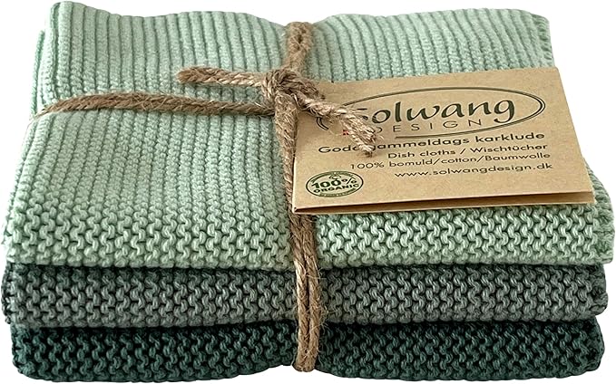 Solwang 3-Piece Danish Cotton Dishcloths in 100% Certified Organic Cotton Made in India (Arctic Green Organic Combi)