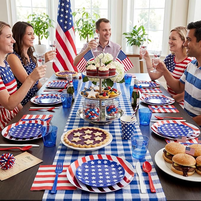 KIRE 150PCS 4th of July Plates & Red White Blue Disposable Plastic Silverware &Clear Blue Cups-American Flag Patriotic Party Supplies for Memorial Day/Independence Day/Veterans Day