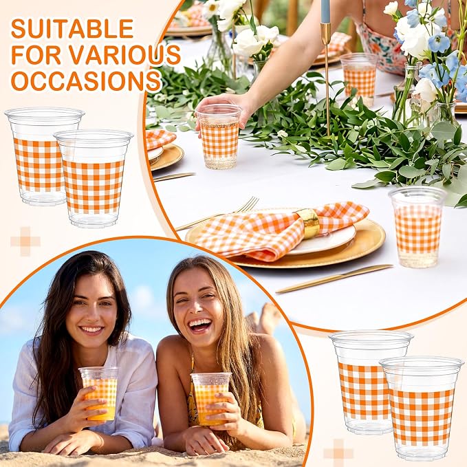 Qinyoung Checkered Plastic Cups 12oz Gingham Party Disposable Cups Bulk Drinking Cup for Cold Drinks Baby Shower Wedding Summer Birthday Party Supplies(Orange and White,50 Pcs)