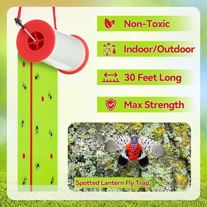 10 Rolls Fly Strips Tape 30 ft Each Fly Paper Traps Indoor Outdoor Sticky Hanging Spotted Lanternfly Tree Tape for Fruitfly Plant Barn Stable(Fluorescent Green)