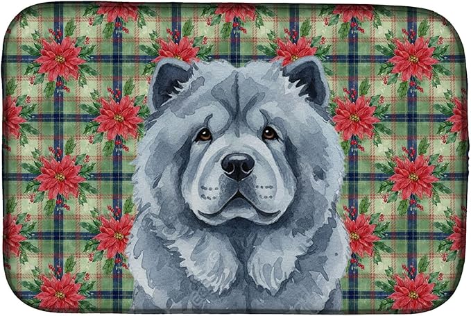 Caroline's Treasures Blue Chow Chow Christmas PoinsettIas Dish Drying Mat Absorbent Dish Drying Mat Pad for Kitchen Counter Dish Drainer Mat for Countertop, 14 x 21", Multicolor