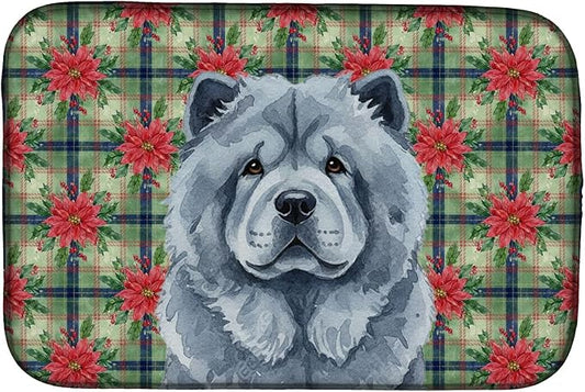 Caroline's Treasures Blue Chow Chow Christmas PoinsettIas Dish Drying Mat Absorbent Dish Drying Mat Pad for Kitchen Counter Dish Drainer Mat for Countertop, 14 x 21", Multicolor