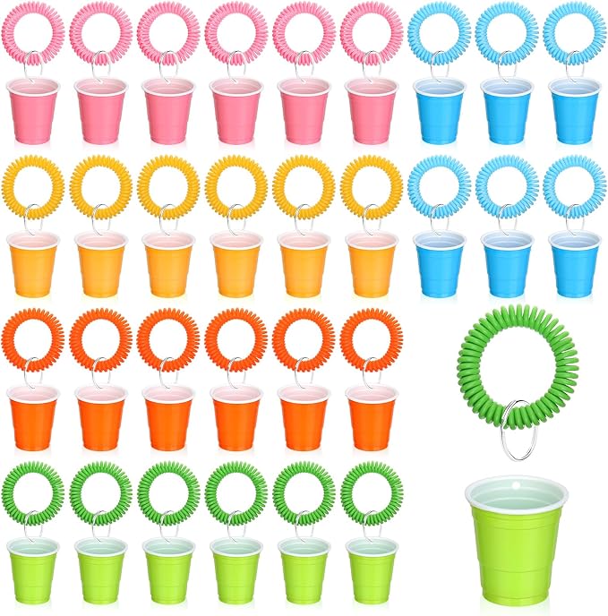 30 Pcs Multi Colors Shot Cups with Wristband for Party 2oz Plastic Shot Glasses Disposable Mini Shot Glasses Bulk with Wrist Coil 2oz Solo Cups for Festival Birthday Favor Carnival Party Supplies