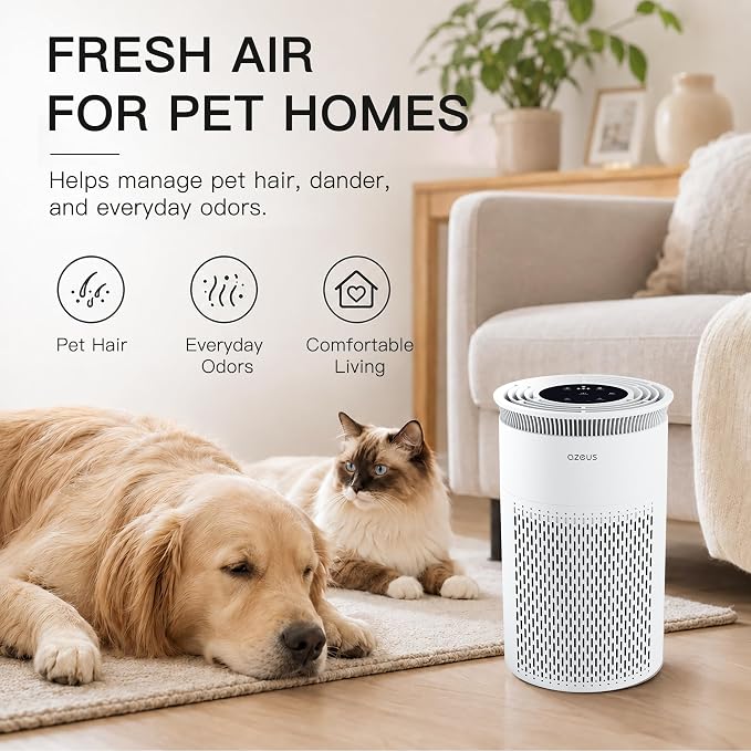Azeus C8 True HEPA Air Purifier, 5-Stage Filtration, 360° Air Intake, Ultra-Quiet, Ideal for Large Rooms and Pet Owners, Ozone-Free (Medium)