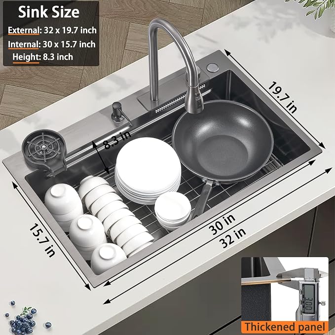 32 x 19.7 Inch Black-Grey Stainless Steel Waterfall Kitchen Sink, Multifunctional Single Bowl Modern Kitchen Sink with Pull-Out Spray Faucet, Cup Washer, and Accessory