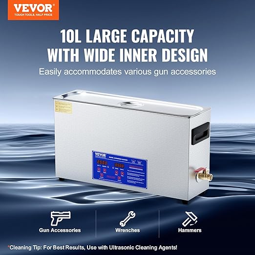 VEVOR 10L Sonic Gun Cleaner, 300W Professional Ultra Sonic Cleaning Machine with Timer & Heater, 40kHz Digital Sonic Cleaner with Basket for Gun Parts, Bullets, Military Supplies