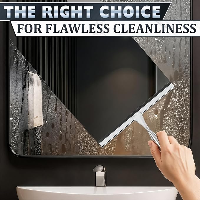 Shower Door Squeegee with Hook - 10" Silicone Blade, Stainless Steel Squeegee for Shower Glass with Adhesive Mount - All-Purpose Bathroom Tile, Mirror, & Window Wiper for Streak-Free Cleaning (Silver)