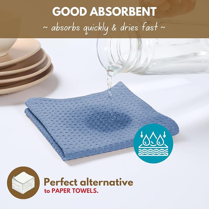 Native Fab 18 Pack Waffle Dish Cloths - Soft Cotton, Absorbent, Quick Drying, Washable Towels for Cleaning, Cooking, Baking - Ideal for Home, Restaurants, Hotels, Cafes, 12x12 inch - Sky Blue
