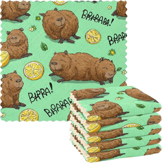 Mint Green Capybara and Lemon Kitchen Towels Dish Cloths Set of 6 Microfiber Cleaning Cloths for Cars Super Absorbent Machine