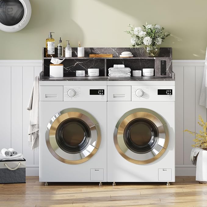 Upgraded 2-Tier Washer and Dryer Countertop with Power Outlet,54" W x 27.6" D Large Laundry Countertop for Fold Clothes, Laundry Topper with Non-Slip Pads & Metal Hooks and Storage Basket
