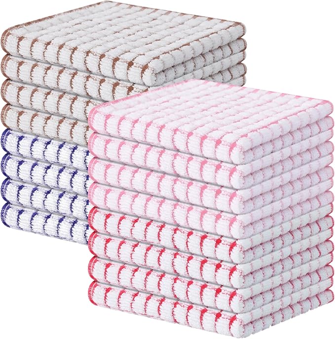 Kitinjoy Cotton 16 Pack Terry Kitchen Dish Cloths, 12 x 12 Inches Super Soft and Absorbent Dish Rags, Quick Drying Dish Towels for Washing Dishes, Mix Colour