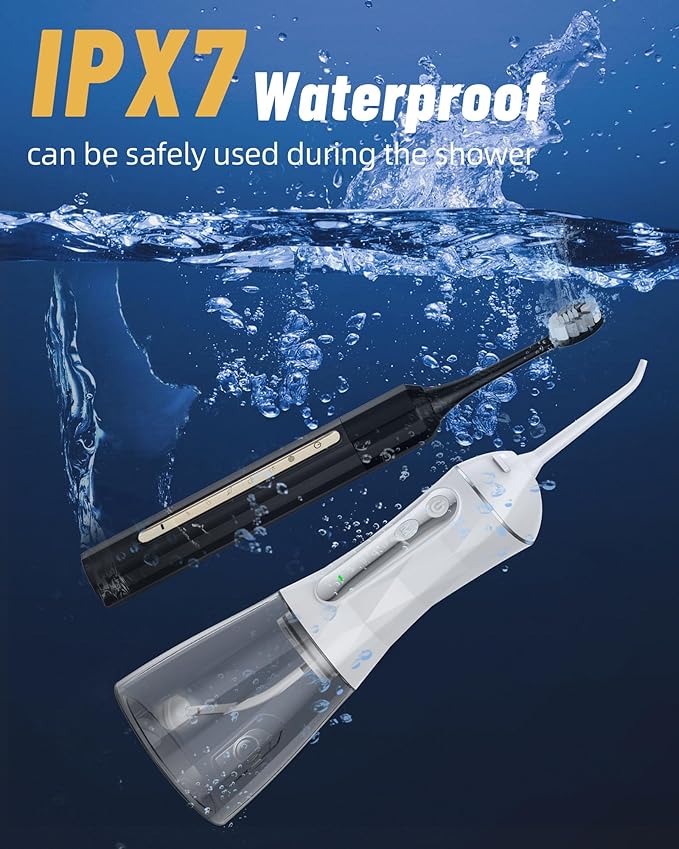 Water Flosser and Electric Toothbrush Combo,2-1 Oral Clean Kit, 5-Speed Sonic Electric Toothbrush & 4-Speed Portable Water Flosser to Clean Teeth and Protect Gum Health, IPX7 (White-Set)