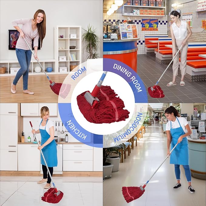 Commercial Mop-Heavy Duty Industrial 59 inch Looped-End String Mop Heavy Duty Industrial Cotton Mophead Includes 2 Head for Home,Garage, Workshop, Warehouse Floor Cleaning-red