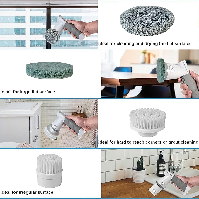 Electric Spin Scrubber Power Spin Brush for Cleaning,Rechargeable Cleaning Brush for Bathroom/Tub/Tile/Floor/Sink/Window Cordless Shower Scrubber with 4 Replaceable Cleaning Brush Heads, Classic Grey