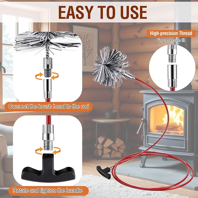 Feekoon Pellet Stove Cleaning Kit, 20 FT Flexible Steel Rod with 4" Brush Head, Flue Detail Cleaner, Pellet Stove Accessories for Vent Pipes Cleaning - Reduce Buildup & Improve Airflow