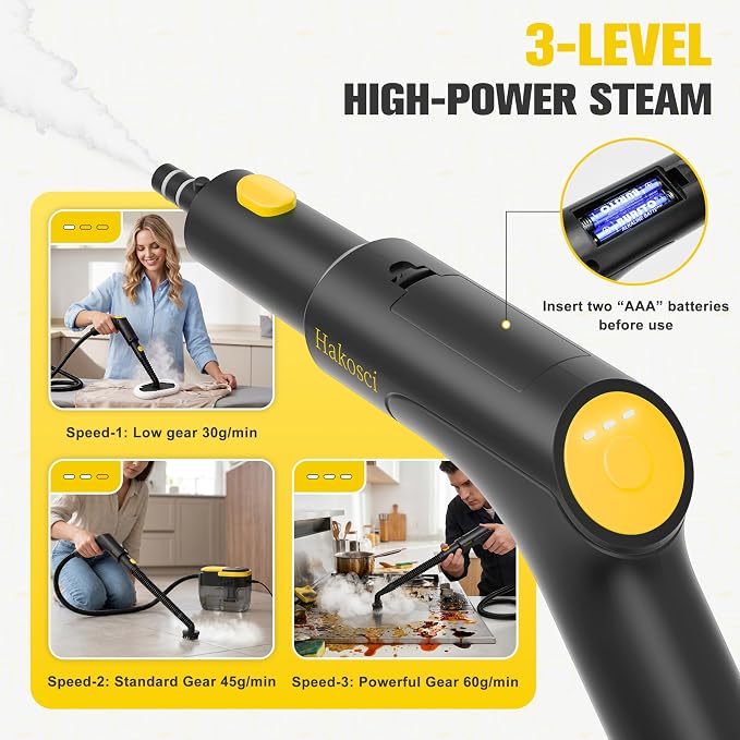 1500W Portable Steam Cleaner,10s Heat-Up,3-Level Adjustable Handle, 1.69 Quarts Large Tank,11 Pcs Accessories, Steamer for Home Dirt, Grout, Floor, Grease,and Car Detailing, Black-Yellow