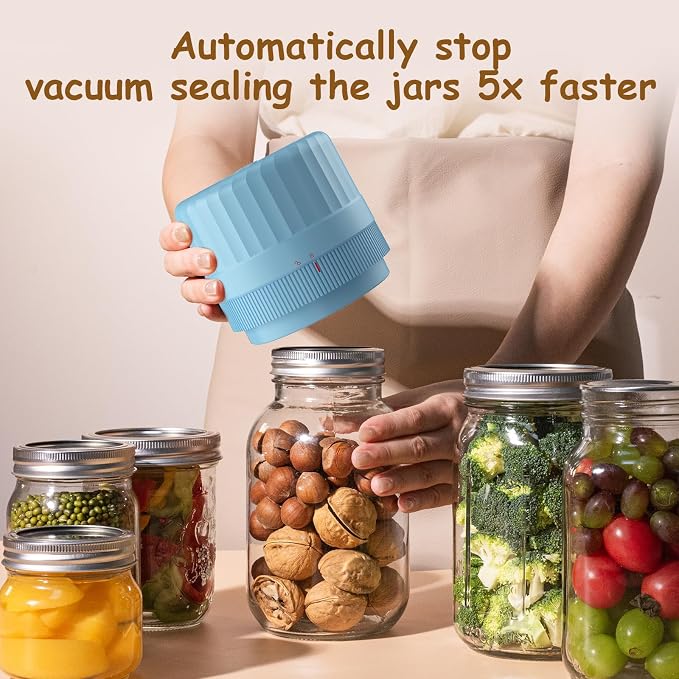 HTPOW Mason Jar Vacuum Sealer, Auto Sealing for Regular and Wide Mouth Jars | Meal prep, food storage, one-touch operation, regular and wide mouth jars, 1300mAh battery, reusable lids
