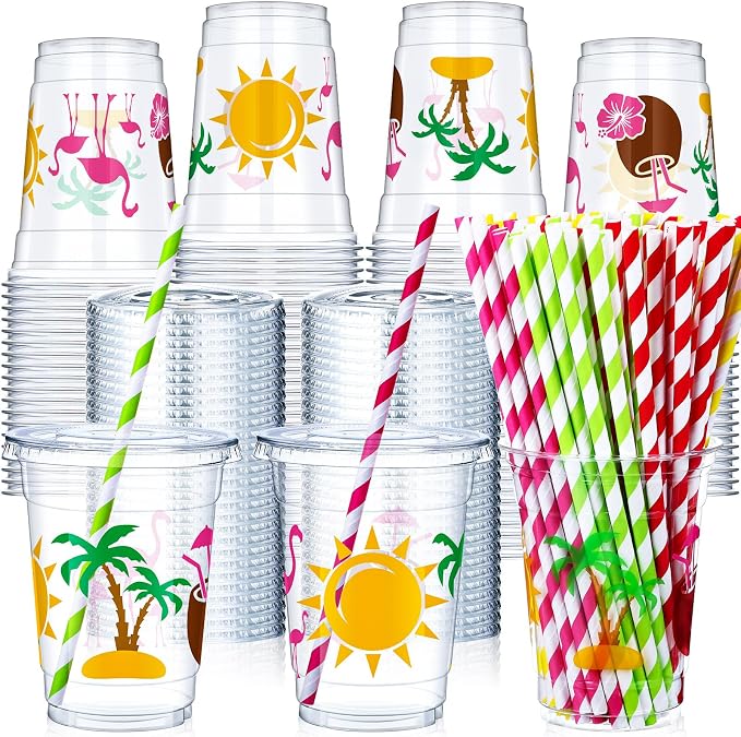 Blushtier 300 Pcs Summer Disposable Plastic Cups with Lids and Straws - 12oz Hawaii Laua Party Favors - Flamingo Disposable Clear Palm Tree Floral Tropical Drinking Cups for Party