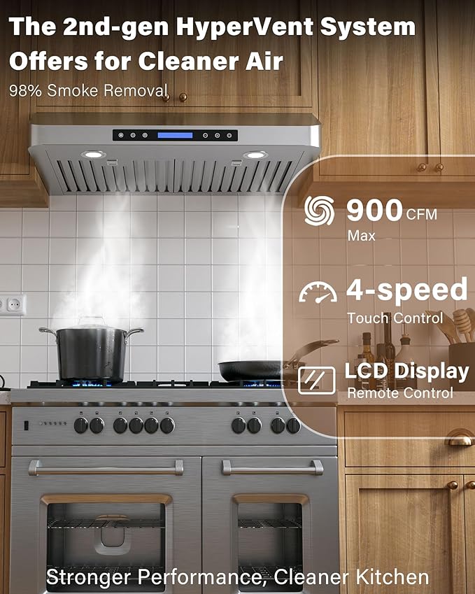 30 inch Stainless Steel Under Cabinet Range Hood - 900 CFM, Ultra-Quiet 4-Speed Vent, Touch/Remote Control LCD, LED Lights, External Venting