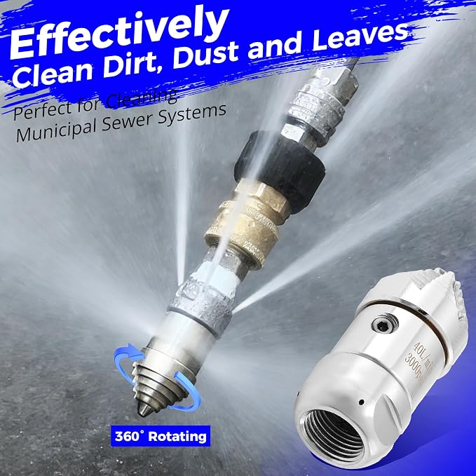 Tool Daily 3/8” NPT Sewer Jetter Rotating Nozzle, Pressure Washer Sewer Nozzle for Drain, Pipe Cleaning, Stainless Steel, 40 L/Min, 3000 PSI
