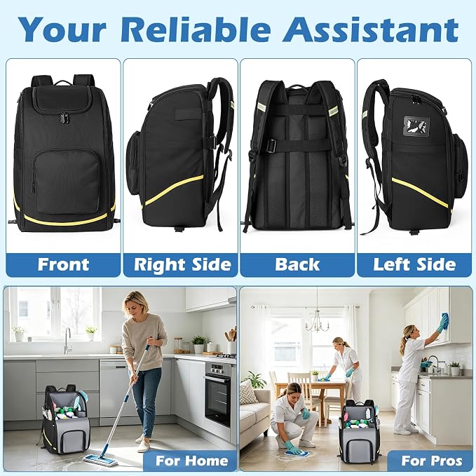 Rolling Cleaning Caddy Bag with Wheels, Large Cleaning Supplies Organizer Backpack with Detachable Trolley and Cleaning Apron for Housekeepers, Home, Hotel & Car Detailing