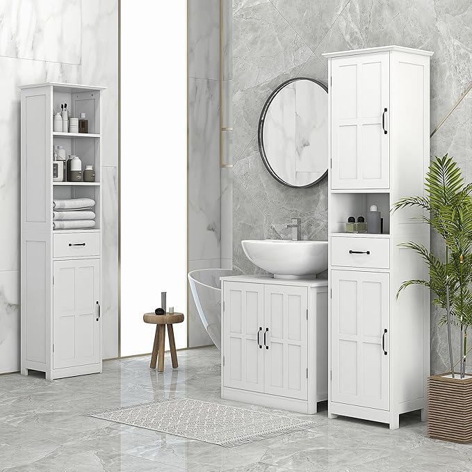 kleankin Pedestal Sink Storage Cabinet, Under Sink Cabinet with 2 Doors and Adjustable Shelf, Bathroom Vanity with U-Shape Cut-Out, White