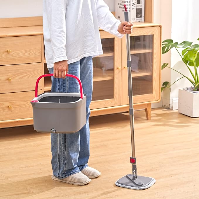 Spin Mop and Bucket with Separate Compartments for Clean and Dirty Water NEW 2025 Upgraded w/Side Brush, Self Standing Handle, Silicone Sweeper Mop Head, 2 Machine Washable Microfiber Pads