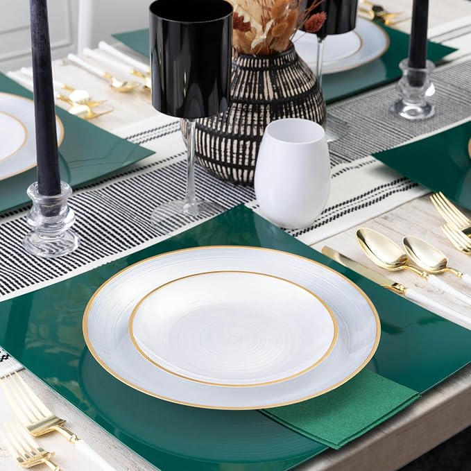PLASTICPRO 64 Pieces Crystal Design Plastic Plates Combo Pack 7 inch and 10 inch Gold Rim Elegant Disposable Plates, Pearl White