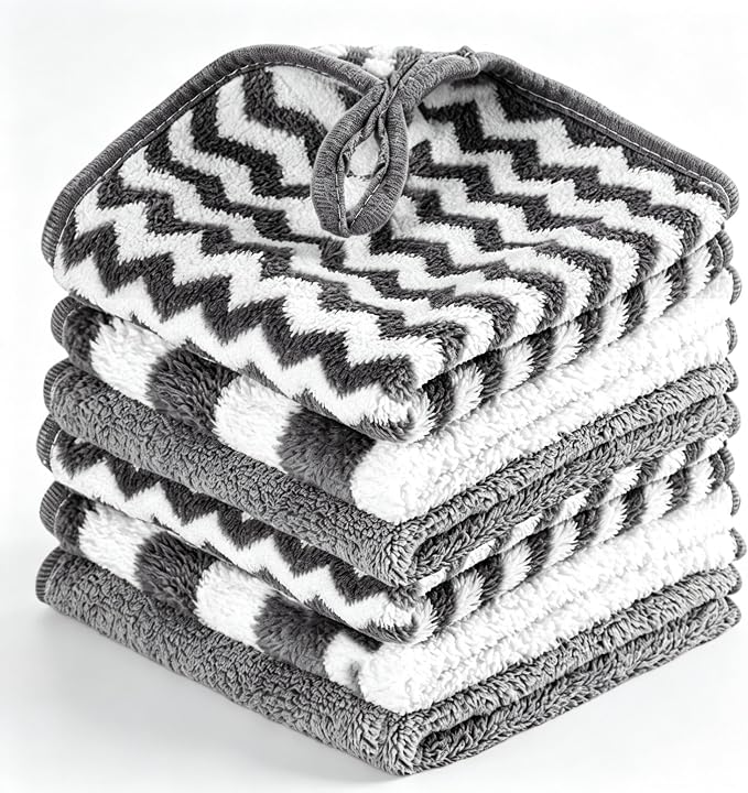 Microfiber Cleaning Cloth 6 Pack, Ultra Soft Absorbent Lint Free Reusable Kitchen Towels with Hanging Loop, 12x12 Inch Gray Dish Towels for Kitchen, Car & Household