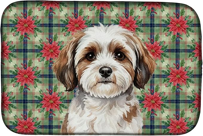 Caroline's Treasures Parti-color Havanese Christmas PoinsettIas Dish Drying Mat Absorbent Dish Drying Mat Pad for Kitchen Counter Dish Drainer Mat for Countertop, 14 x 21", Multicolor
