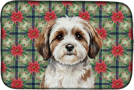 Caroline's Treasures Parti-color Havanese Christmas PoinsettIas Dish Drying Mat Absorbent Dish Drying Mat Pad for Kitchen Counter Dish Drainer Mat for Countertop, 14 x 21", Multicolor