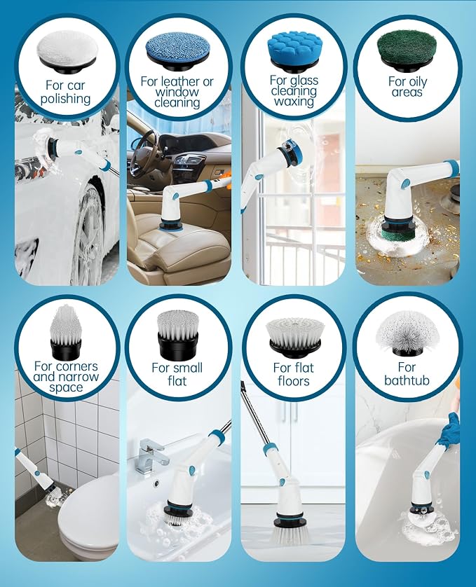 Electric Spin Scrubber, Electric Scrubber for Cleaning, 1200 RPM Shower Scrubber, 50inch Long Handle Electric Cleaning Brush 2000mAh Battery Cordless Power Spin Scrubber with 8 Brushes
