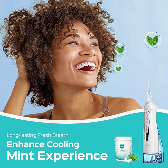 COSLUS Water Flosser Pick with Whitening Mint Flavor Refill Combo for Teeth, Braces, Gums Care - Easy to Use, Portable for Travel & Coffee Lovers, Rechargeable, BPA-Free, White