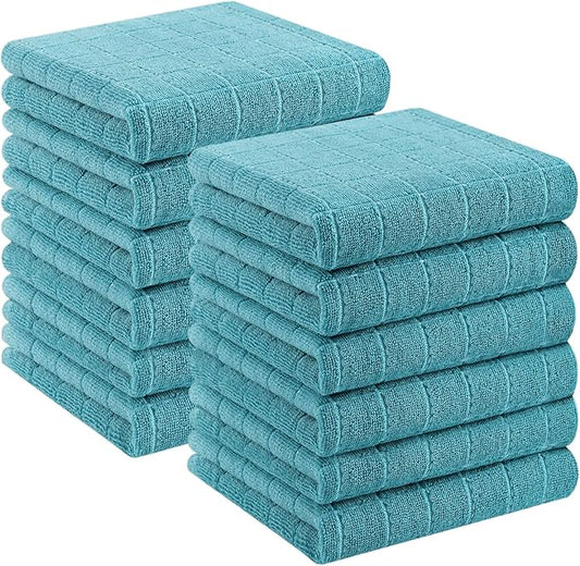 Homaxy 100% Cotton Terry Kitchen Towels(Lake Blue, 13 x 28 inches), Checkered Designed, Soft and Super Absorbent Dish Towels, 12 Pack